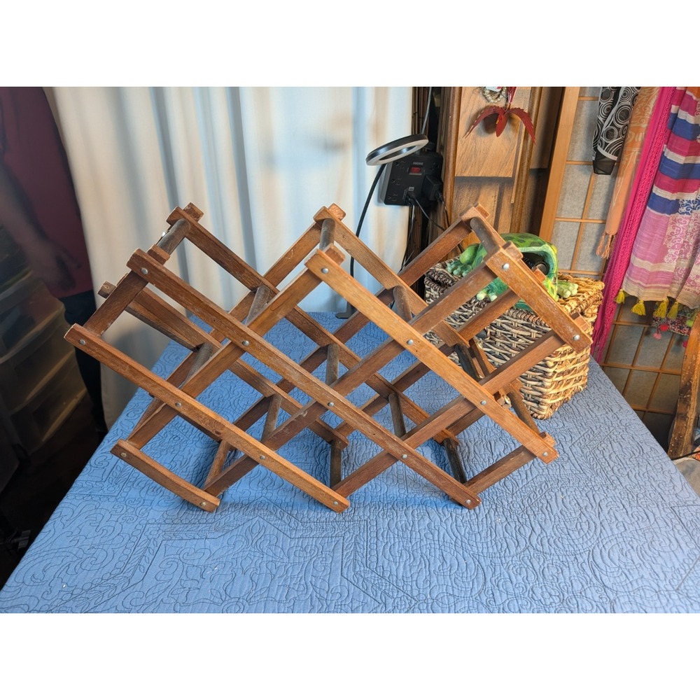 Wooden Accordion Wine Rack Collapsible 10 Bottle Holder Mid Century Vintage - Picture 2 of 12